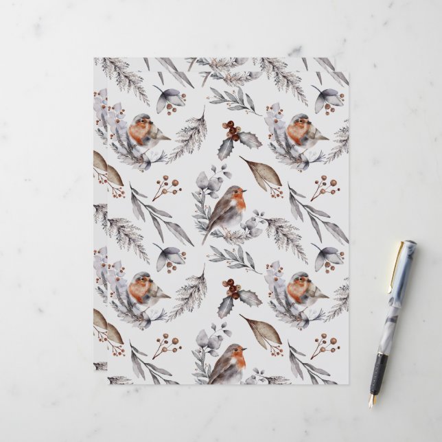Winter Robin Waterverf Scrapbook Papier (Voorkant / Achterkant in situ)