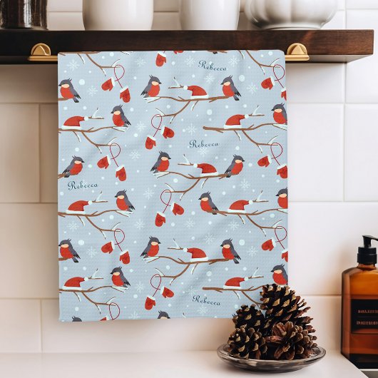 Winter Robins on Tree Branches Cute Bird Pattern Theedoek