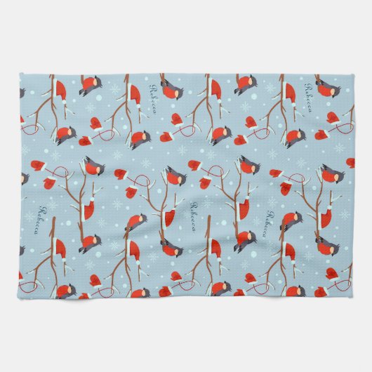 Winter Robins on Tree Branches Cute Bird Pattern Theedoek (Horizontaal)