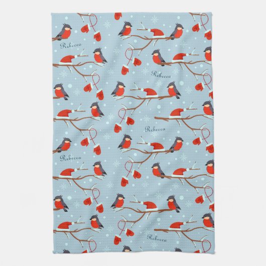 Winter Robins on Tree Branches Cute Bird Pattern Theedoek (Verticaal)