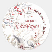 Winter Rode bessen Vogels Vrolijk Kerstmis Ronde Sticker (Voorkant)