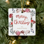 Winter Rode bessen Vrolijk Kerstfeest Foto Keramisch Ornament<br><div class="desc">Waterverf krans met winterrode bessen en grillig script "Merry Christmas" op de voorkant en foto op de achterkant. Personaliseer met uw eigen informatie en foto. Bekijk onze winkel voor meer ornament mogelijkheden.</div>