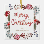 Winter Rode bessen Vrolijk Kerstfeest Foto Keramisch Ornament (Voorkant)