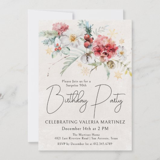 Winter Rode Bloemen 90ste Verjaardag Surprise Part Kaart (Voorkant)