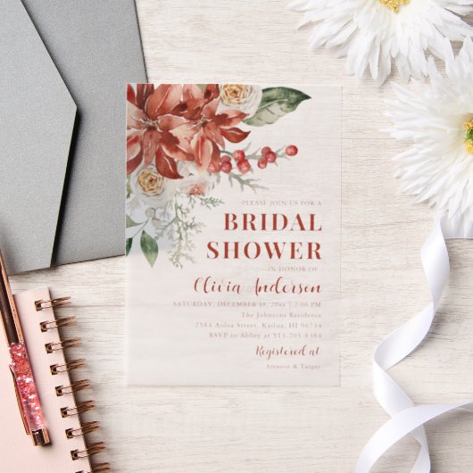 Winter Rode Bloemen Kerst Vrijgezellenfeest Vellum Uitnodigingen (Huwelijk)