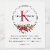 Winter Rode Bloemige Aangepaste Monogram Naam op W Wijn Etiket (Enkel label)