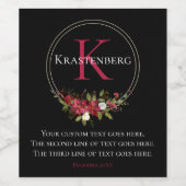 Winter Rode Bloemige Aangepaste Monogramnaam Wijn Etiket (Enkel label)