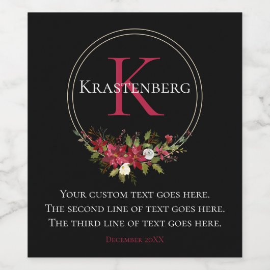 Winter Rode Bloemige Aangepaste Monogramnaam Wijn Etiket (Enkel label)