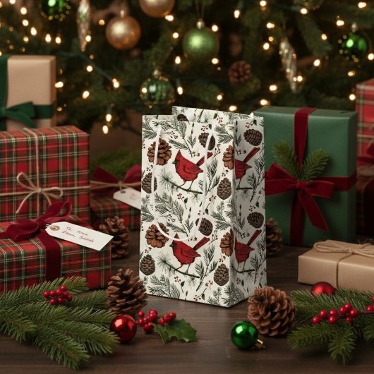 Winter rode kardinaal in dennenboom klein cadeauzakje