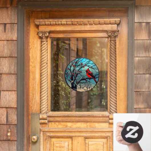 Winter Rode Kardinaal Perched Faux Stain Glass Raamsticker (Huis Deur)