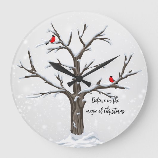 Winter rode kardinalen op besneeuwde boom grote klok (Voorkant)