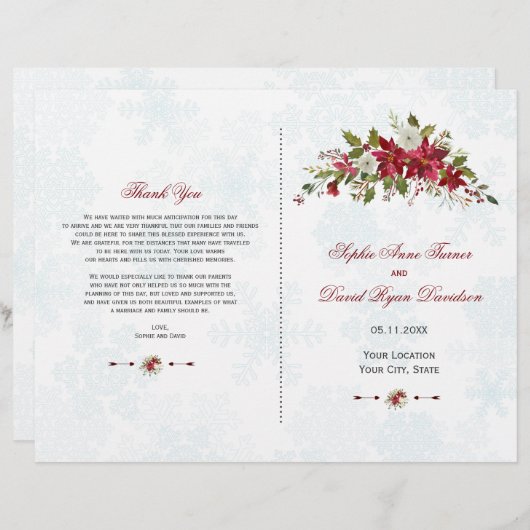 Winter Rode Poinsettia Sneeuwvlokken Trouwprogramm (Voorkant / Achterkant)