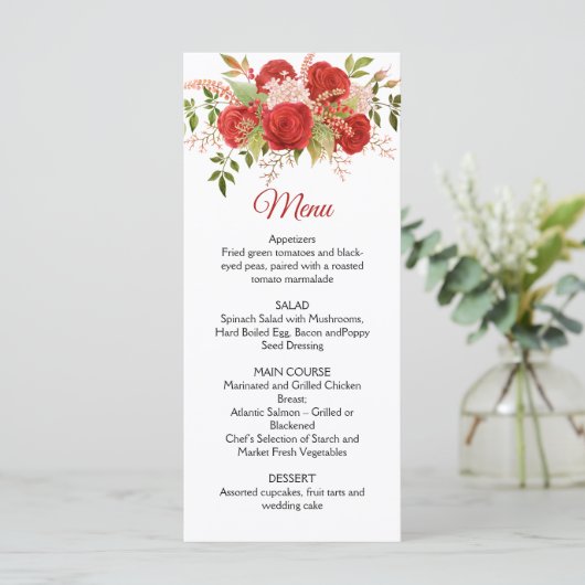 Winter rode rozen, bessen, stengels, groen bruilof menu (Staand voorkant)