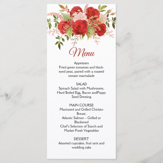 Winter rode rozen, bessen, stengels, groen bruilof menu (Voorkant)