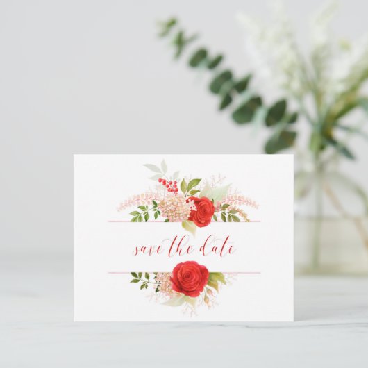 Winter rode rozen & groen sparen de datum briefkaart (Staand voorkant)