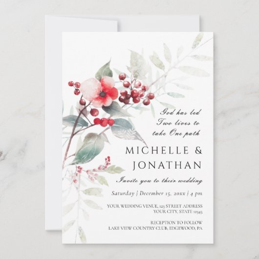 Winter Rode Salie Groene Bloemen Christelijke Brui Kaart (Voorkant)