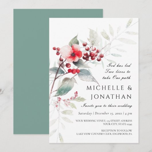 Winter Rode Salie Groene Bloemen Christelijke Brui Kaart (Voorkant / Achterkant)