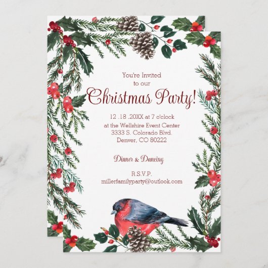 Winter Rode Vogel Botanische Kerstfeest Kaart (Voorkant / Achterkant)