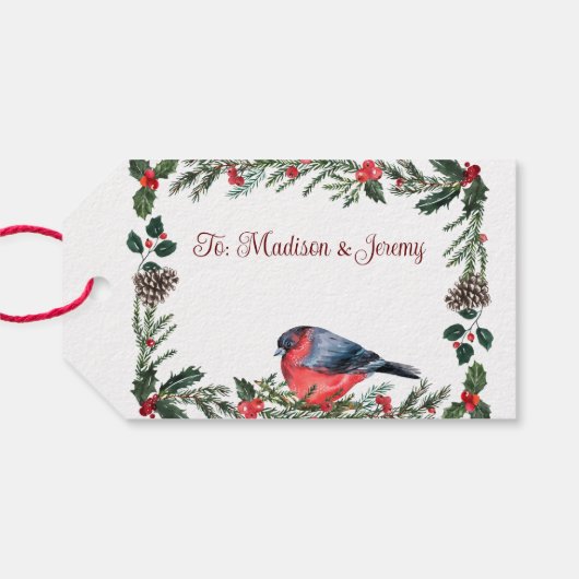 Winter Rode Vogel Botanische Kerstmis Cadeaulabel (Achterkant Horizontaal)