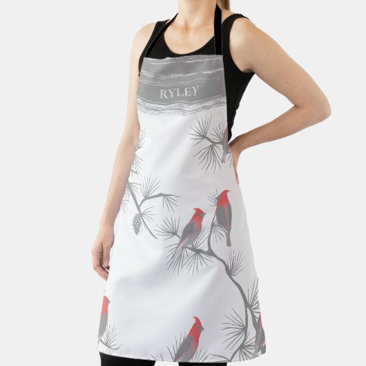 Winter rode vogels op grijze takken patroon Monogr Schort (Insitu)