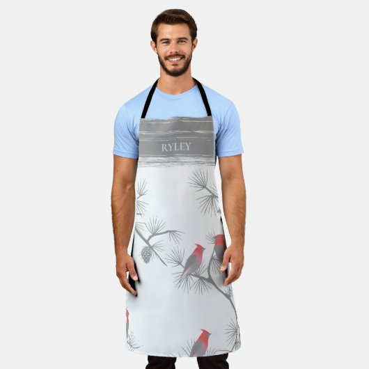 Winter rode vogels op grijze takken patroon Monogr Schort (Gedragen)