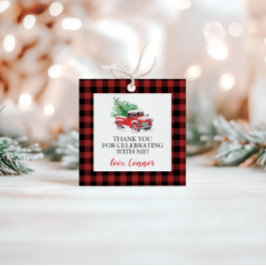 Winter Rode Vrachtwagen Buffalo Plaid Verjaardag Bedankjes Labels