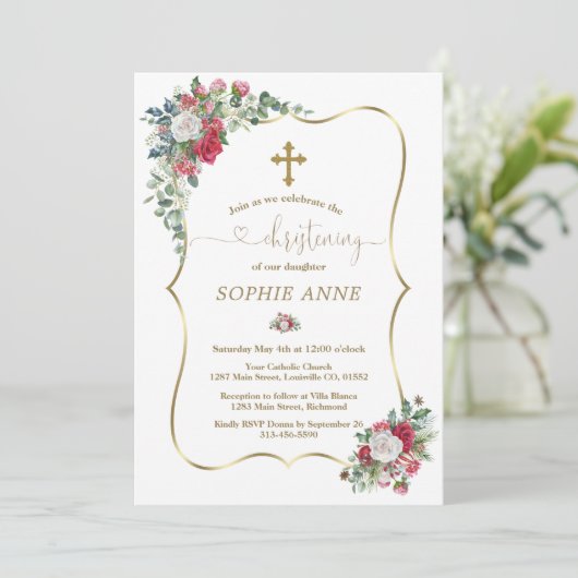 Winter Rode Witte Bloemen Gouden Meisje Doop Kaart (Staand voorkant)