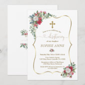 Winter Rode Witte Bloemen Gouden Meisje Doop Kaart (Voorkant / Achterkant)