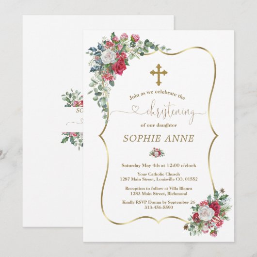 Winter Rode Witte Bloemen Gouden Meisje Doop Kaart (Voorkant / Achterkant)