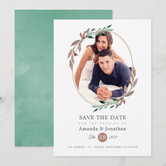Winter Roestige Groene Fotobruiloft Save The Date (Voorkant / Achterkant)