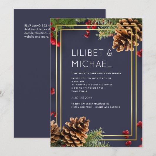 Winter Rood Bessen Dennenkegels Trouwen Kaart (Voorkant / Achterkant)