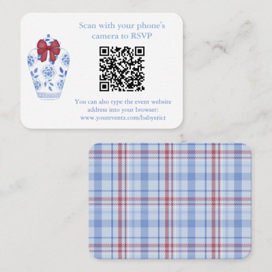 Winter Rood Blauw Tartan QR Code Huwelijk Shower R Informatiekaartje (Voorkant / Achterkant)