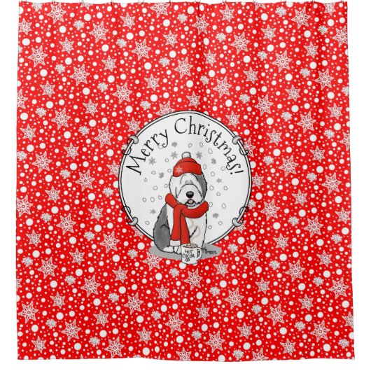 Winter (rood) Oud Engels Sheepdog Grey 1 Holiday Douchegordijn (Voorkant)