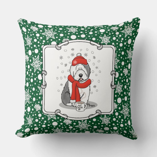 Winter (rood) Oud Engels Sheepdog Grey 1 Holiday Kussen (Voorkant)