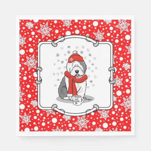 Winter (rood) Oud Engels Sheepdog Grey 1 Holiday Servet (Voorkant)