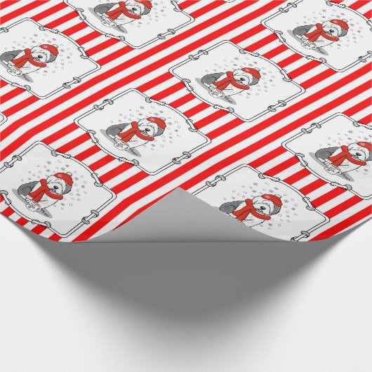 Winter (rood) Oud Engels Sheepdog (grijs 1) Cute Cadeaupapier (Hoek)