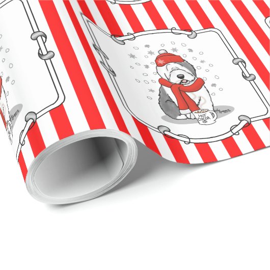 Winter (rood) Oud Engels Sheepdog (grijs 1) Cute Cadeaupapier (Rol Hoek)