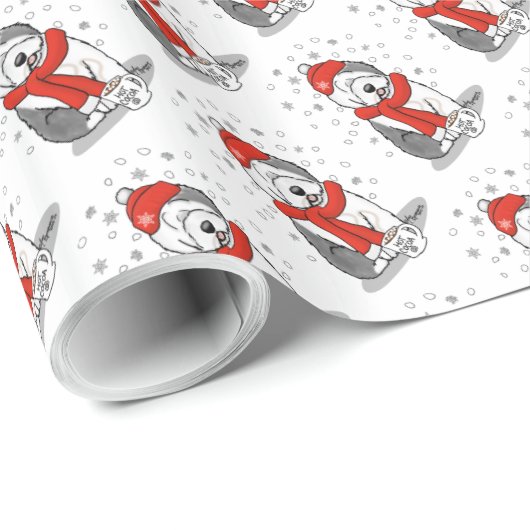 Winter (rood) Oud Engels Sheepdog (grijs 1) Cute Cadeaupapier (Rol Hoek)