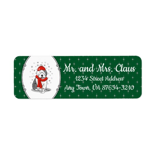 Winter (rood) Oud Engels Sheepdog (grijs 1) Cute Etiket (Voorkant)