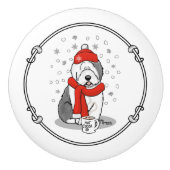 Winter (rood) Oud Engels Sheepdog (grijs 1) Cute Keramische Knop (Voorkant)