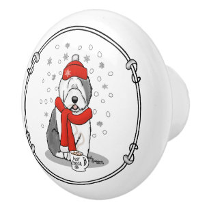 Winter (rood) Oud Engels Sheepdog (grijs 1) Cute Keramische Knop