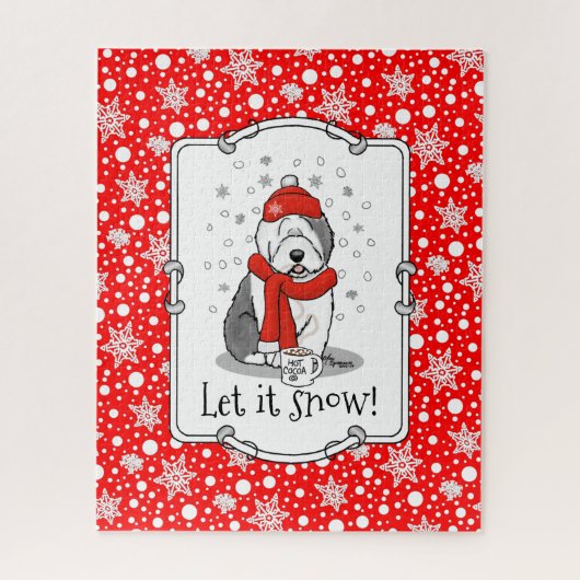 Winter (rood) Oud Engels Sheepdog (grijs 1) Cute Legpuzzel (Verticaal)