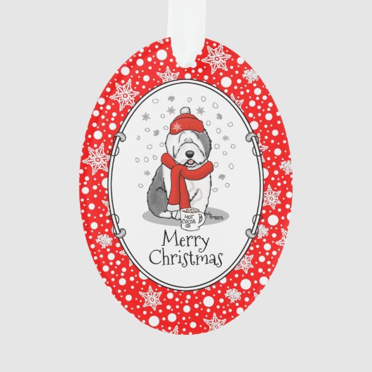 Winter (rood) Oud Engels Sheepdog (grijs 1) Cute Ornament (achterkant)