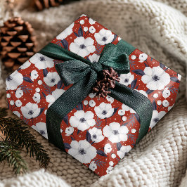 Winter Rood Wit Kerst Bloemen Patroon Cadeaupapier