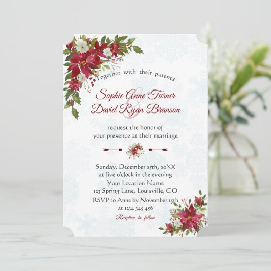 Winter Rood Witte Poinsettia Sneeuwvlokken Bruilof Kaart (Staand voorkant)