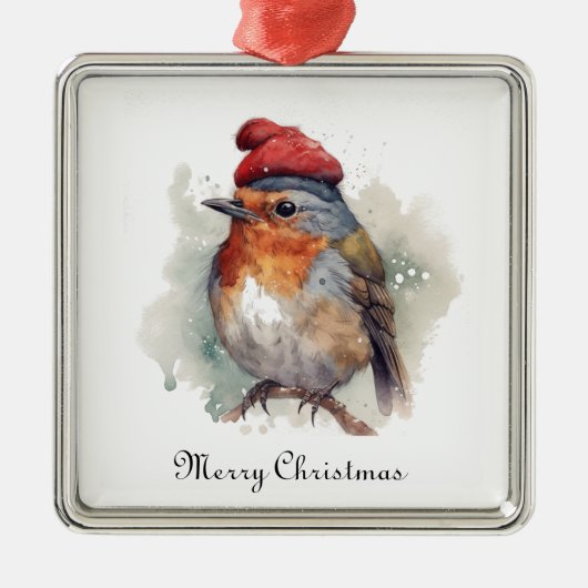 Winter Roodborst Watercolor Hoed Patroon Metalen Ornament (Voorkant)