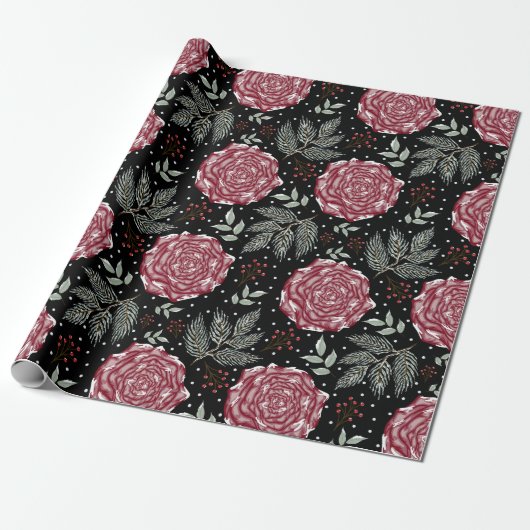 Winter Roos Bloem Cadeaupapier (Uitgerold)