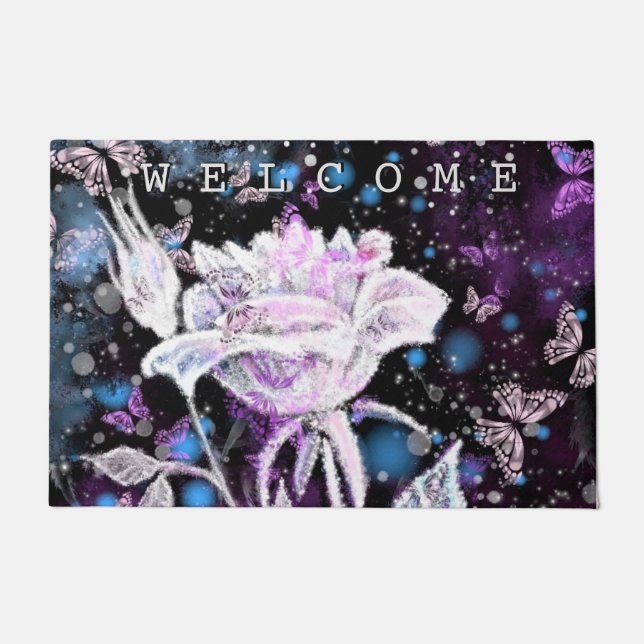 Winter Roos en Butterflies Doormat Welkom Deurmat (Voorkant)