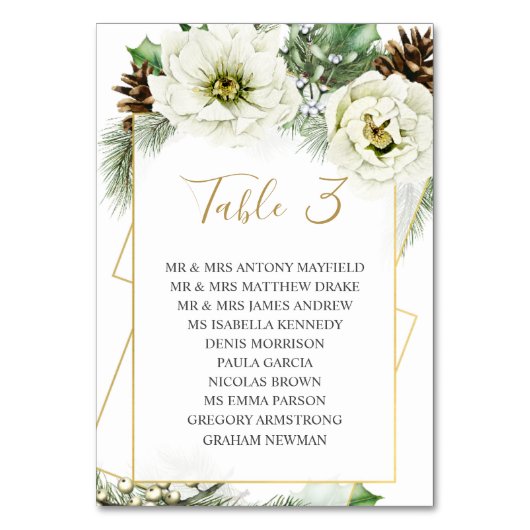 Winter Roos Pine Holly Table Numbers Card Kaart (Voorkant)
