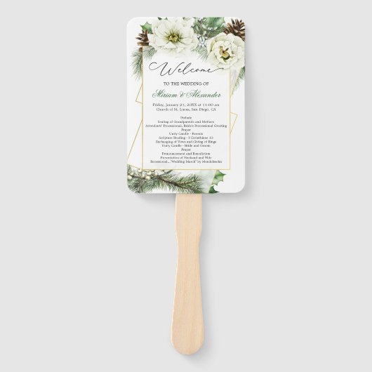 Winter Roos Pine Holly Wedding Programme Hand Fan Handwaaier (Voorkant)